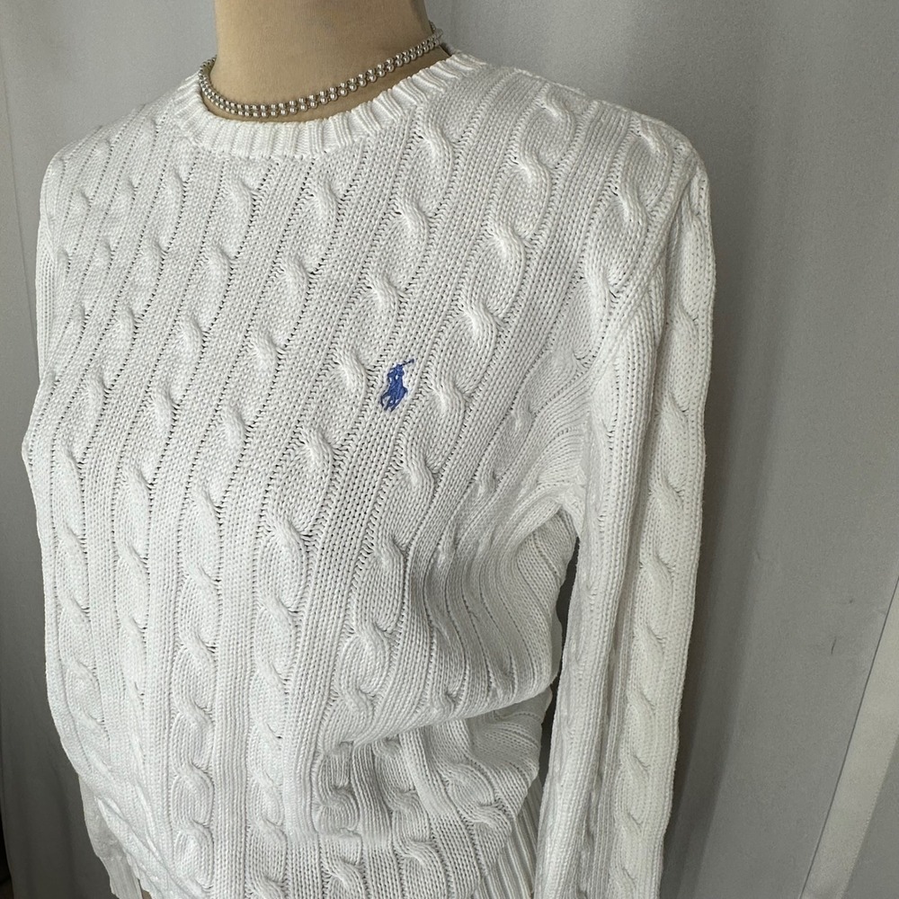 Ralph Lauren White Cable Knit Crewneck Sweater with Blue Pony - Picture 6 of 12
